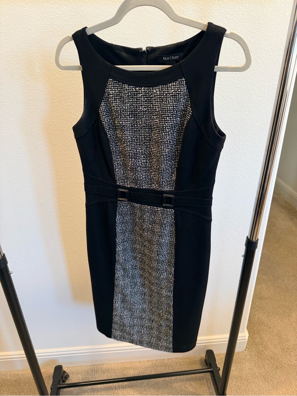 White House Black Market Black and Gray Tweed-Panel Midi Dress